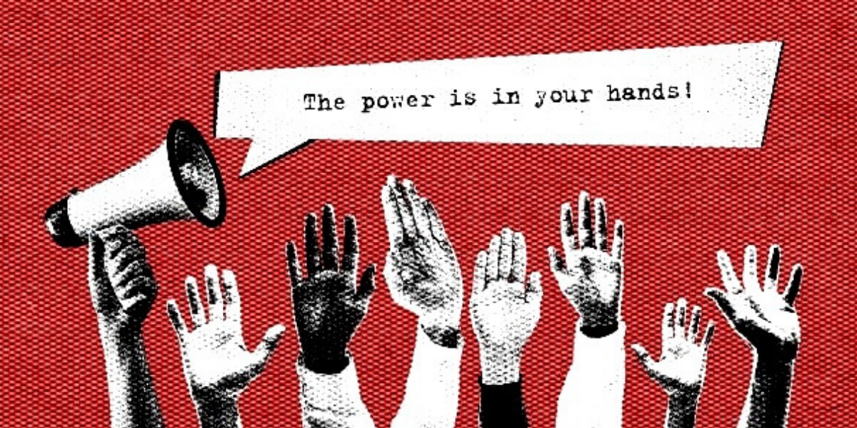 Raised hands with speech bubbles: Laurel's land belongs to Laurel! The power is in your hands!